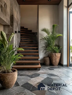 Modern Foyer with Irregular Kota Stone Flooring and Wooden Staircase | Material Depot