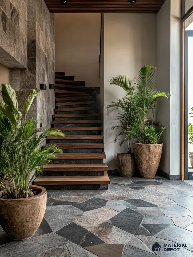 Modern Foyer with Irregular Kota Stone Flooring and Wooden Staircase | Material Depot