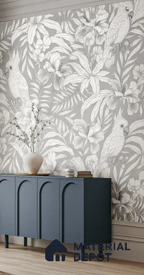 Modern foyer with monochrome floral and parrot wallpaper and matte blue laminate console in Purva Midtown B-Narayanapura 3 BHK Bengaluru Apartment