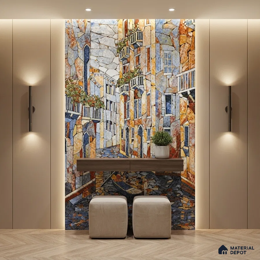 Modern foyer with mosaic mural poster wall tile accent wall, beige wall panels, and wooden console