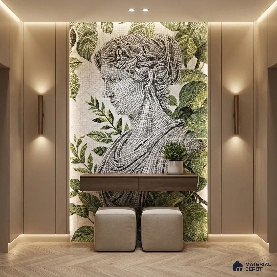Modern foyer with mosaic poster mural tile on wall, beige wall panels, and wooden console