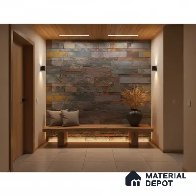 Modern foyer with multicolor stacked stone cladding, wooden ceiling, and beige floor tiles in Bengaluru