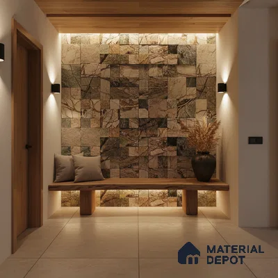 Modern foyer with natural stone cladding accent wall and wooden bench seating in Bengaluru