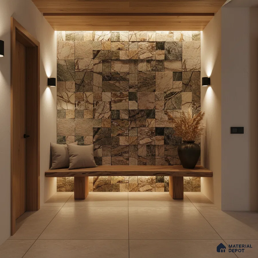 Modern foyer with natural stone cladding accent wall and wooden bench seating in Bengaluru