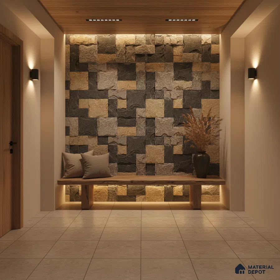 Modern foyer with natural stone cladding accent wall and wooden bench seating in Bengaluru