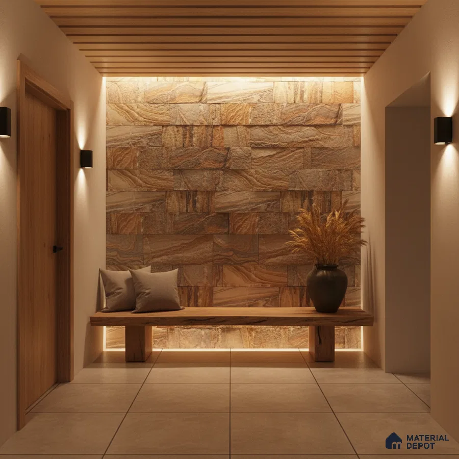 Modern foyer with natural stone cladding accent wall and wooden ceiling louvers in Bengaluru