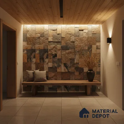 Modern foyer with natural stone cladding accent wall, wooden ceiling, and beige floor tiles in Bengaluru