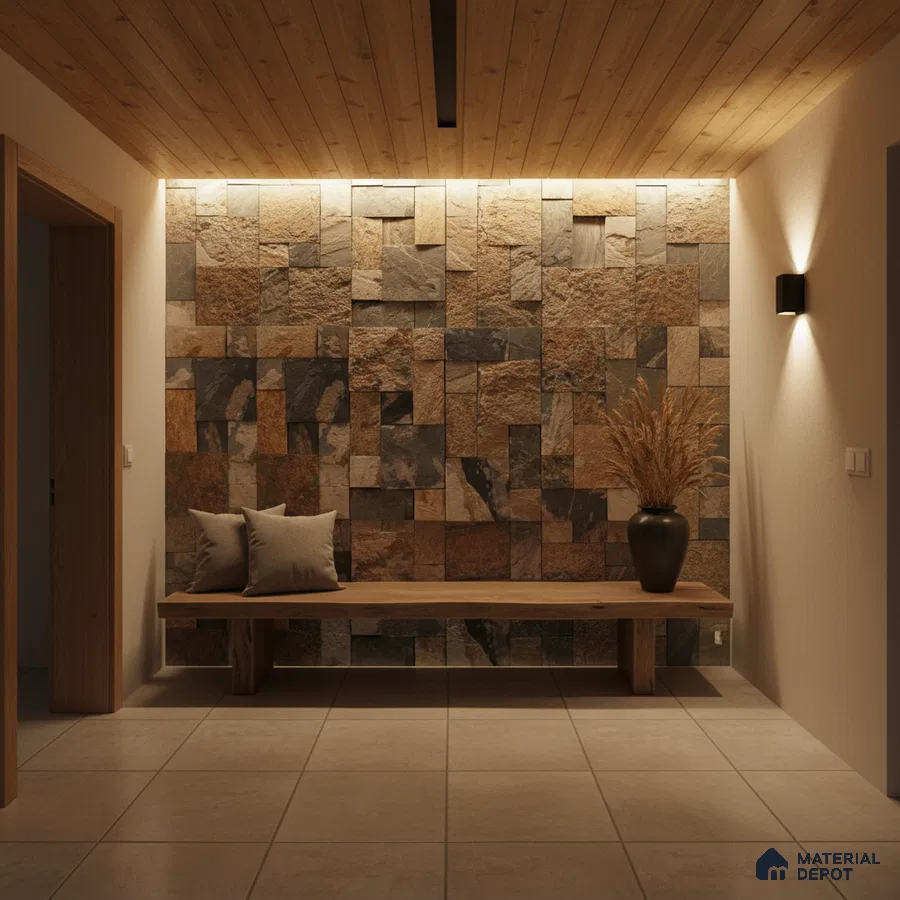 Modern foyer with natural stone cladding accent wall, wooden ceiling, and beige floor tiles in Bengaluru
