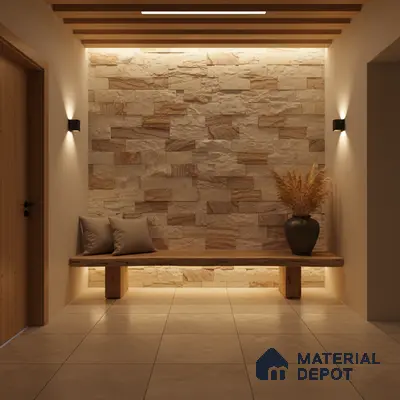 Modern foyer with natural stone cladding, wooden bench, and beige floor tiles in Bengaluru