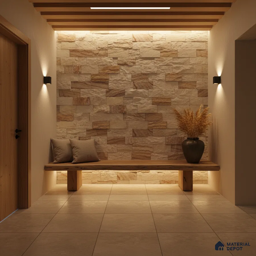 Modern foyer with natural stone cladding, wooden bench, and beige floor tiles in Bengaluru
