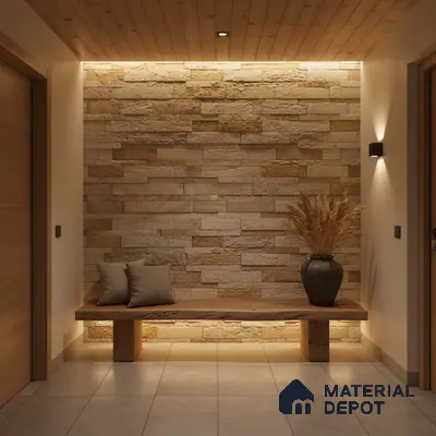 Modern foyer with natural stone cladding, wooden bench, and beige floor tiles in Bengaluru