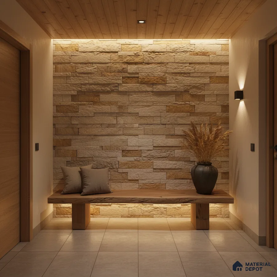 Modern foyer with natural stone cladding, wooden bench, and beige floor tiles in Bengaluru
