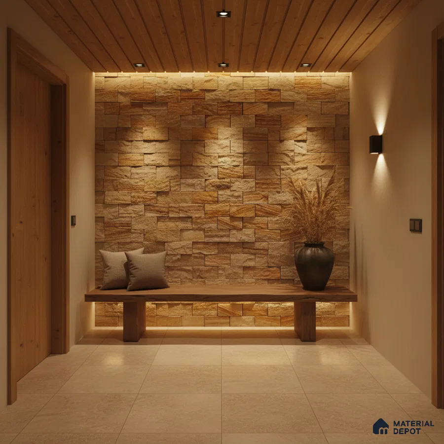 Modern foyer with natural stone cladding, wooden ceiling, and beige floor tiles in Bengaluru