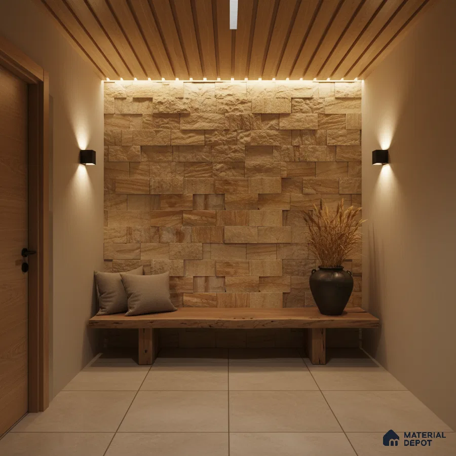 Modern foyer with natural stone cladding, wooden ceiling louvers, and beige floor tiles in Bengaluru