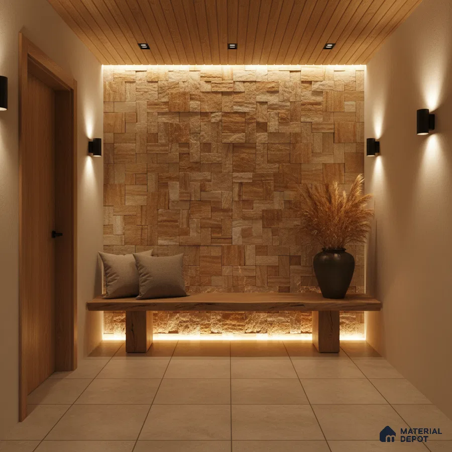 Modern foyer with natural stone cladding, wooden ceiling panels, and beige floor tiles in Bengaluru