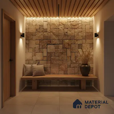 Modern foyer with natural stone cladding, wooden slat ceiling, and beige floor tiles in Bengaluru