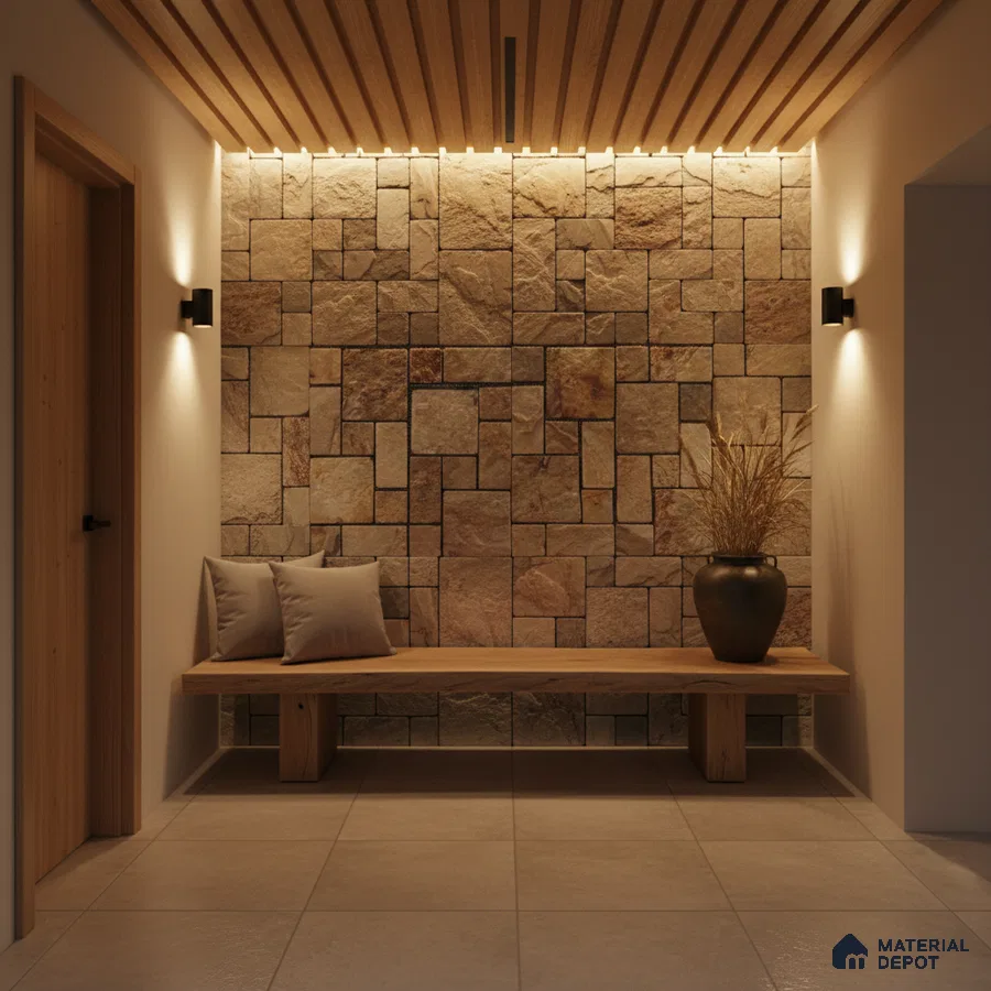 Modern foyer with natural stone cladding, wooden slat ceiling, and beige floor tiles in Bengaluru