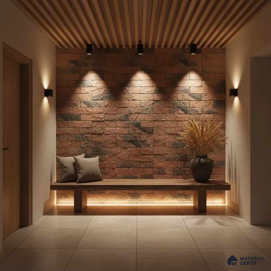 Modern foyer with natural stone cladding, wooden slat ceiling, and large format beige floor tiles in Bengaluru
