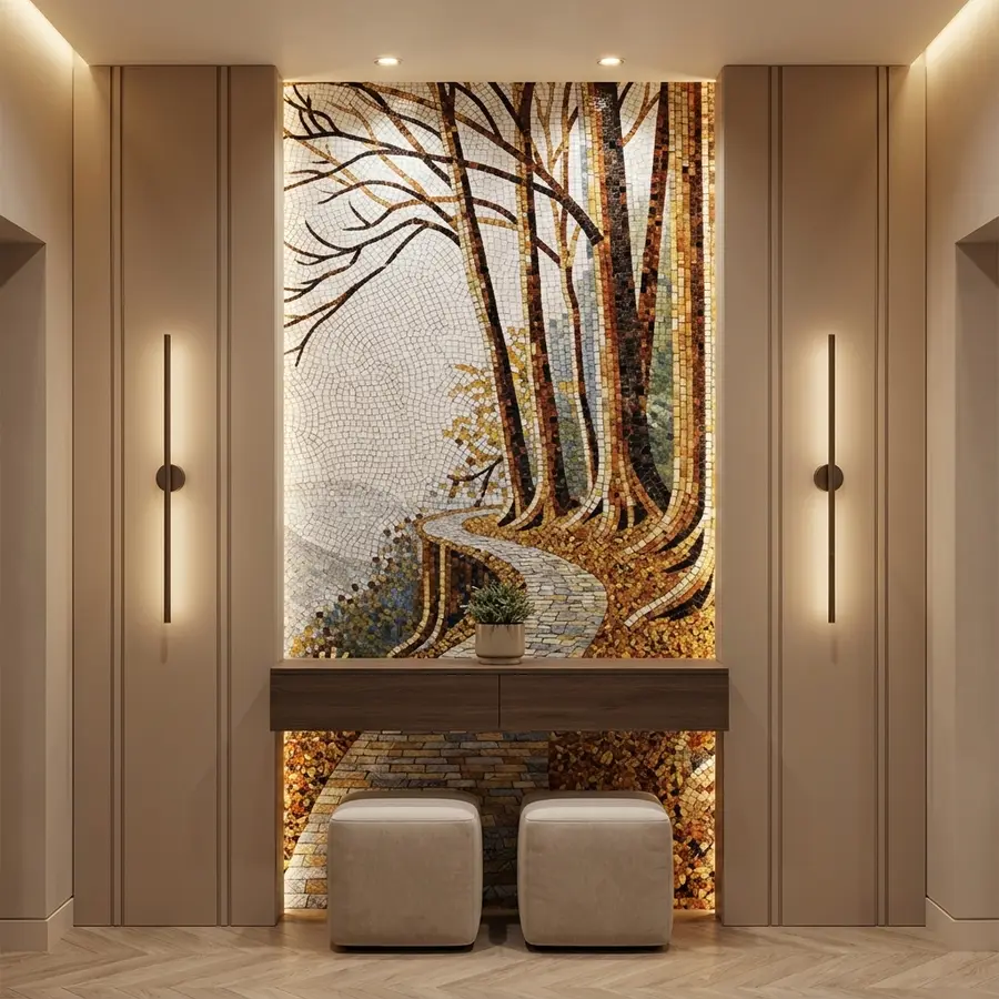 Modern foyer with nature mosaic accent wall, beige wall panels, and wooden floating console