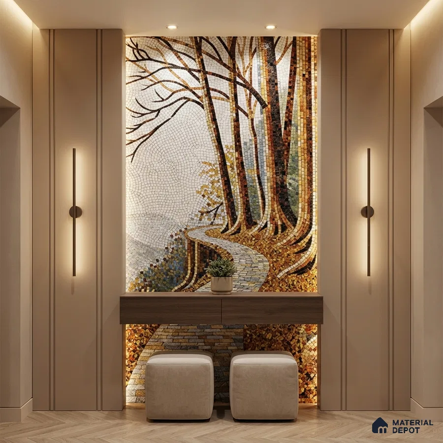 Modern foyer with nature mosaic accent wall, beige wall panels, and wooden floating console