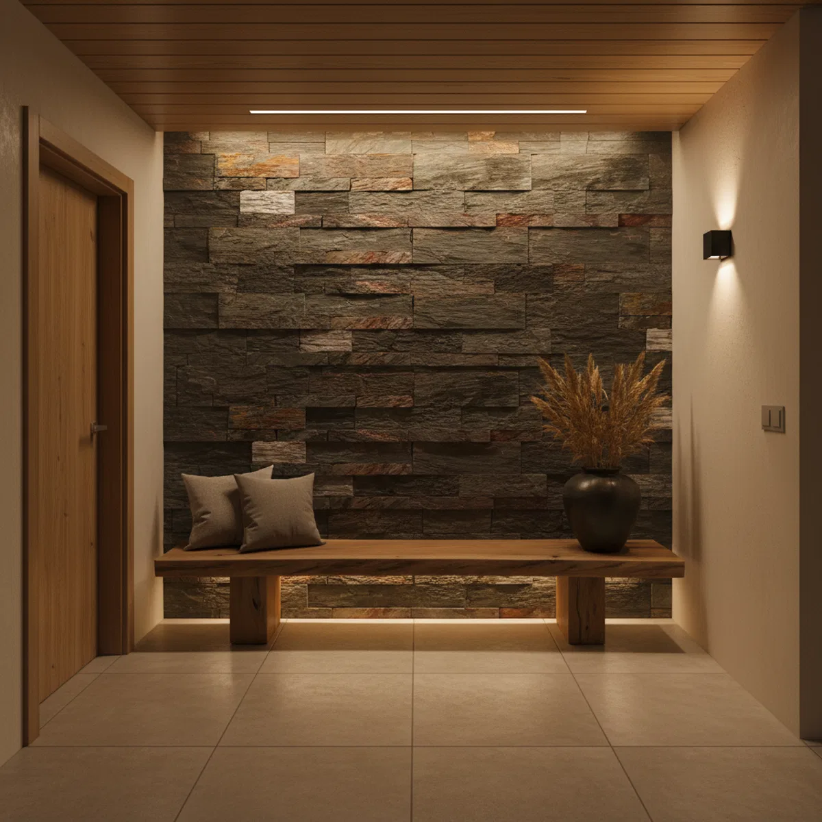 Modern foyer with stacked stone cladding accent wall and wooden bench ...