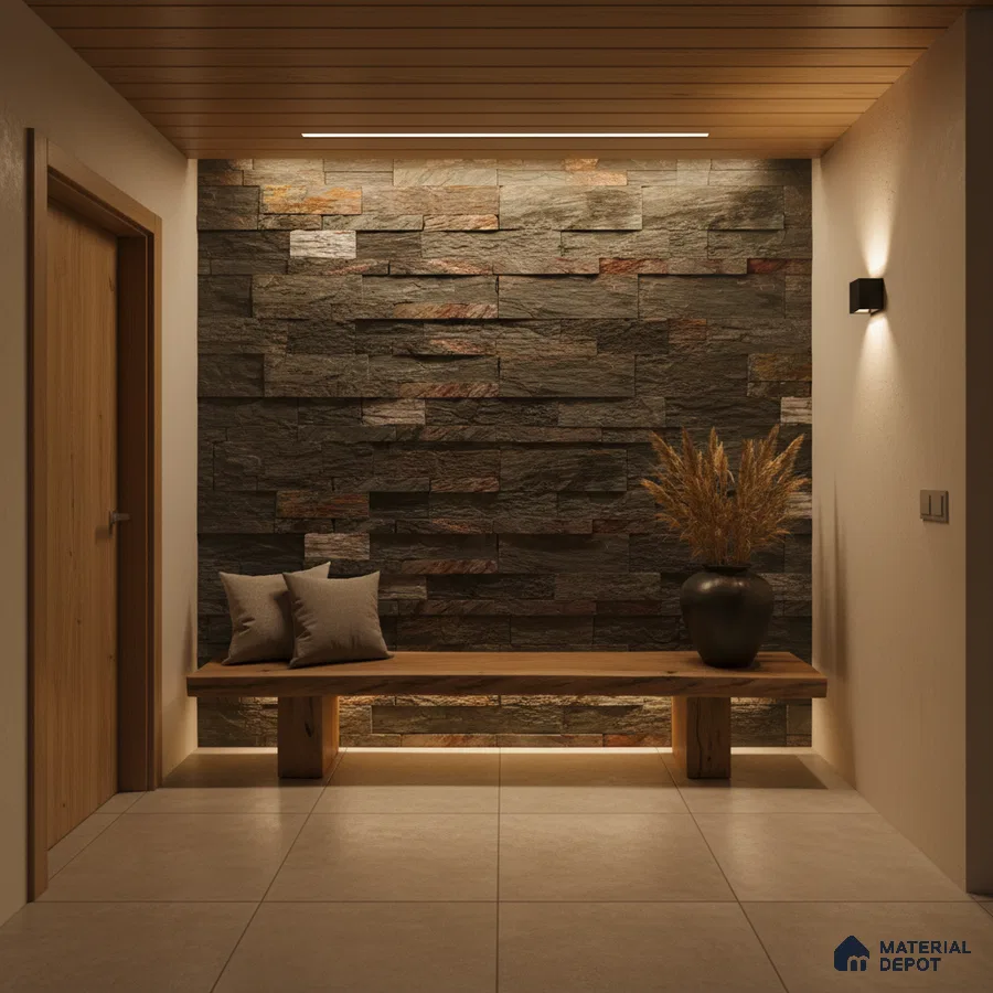 Modern foyer with stacked stone cladding accent wall and wooden bench seating in Bengaluru