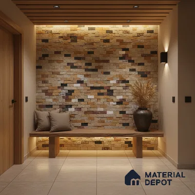 Modern foyer with stacked stone cladding accent wall, wooden bench, and beige floor tiles in Bengaluru
