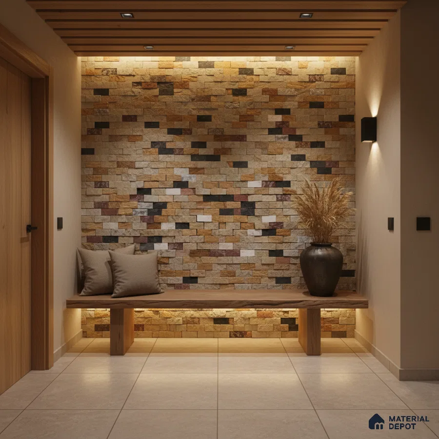 Modern foyer with stacked stone cladding accent wall, wooden bench, and beige floor tiles in Bengaluru