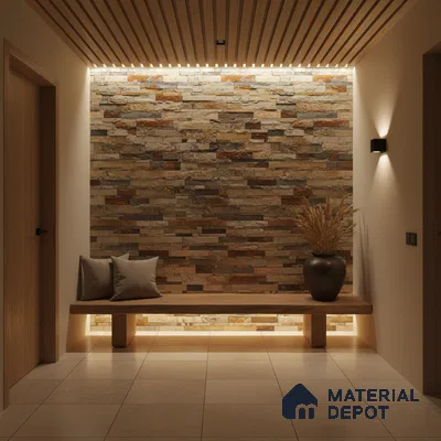 Modern foyer with stacked stone cladding accent wall, wooden ceiling louvers, and beige floor tiles in Bengaluru