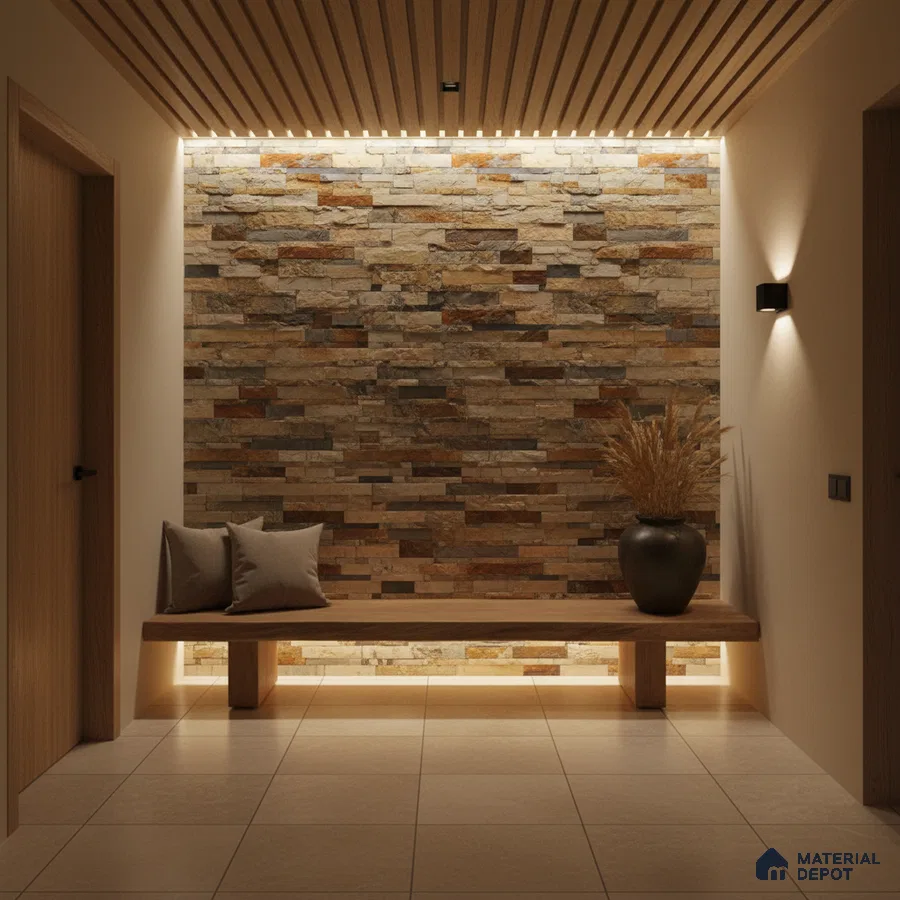 Modern foyer with stacked stone cladding accent wall, wooden ceiling louvers, and beige floor tiles in Bengaluru