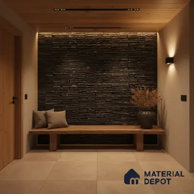 Modern foyer with stacked stone cladding, natural wood bench, and beige floor tiles in Bengaluru