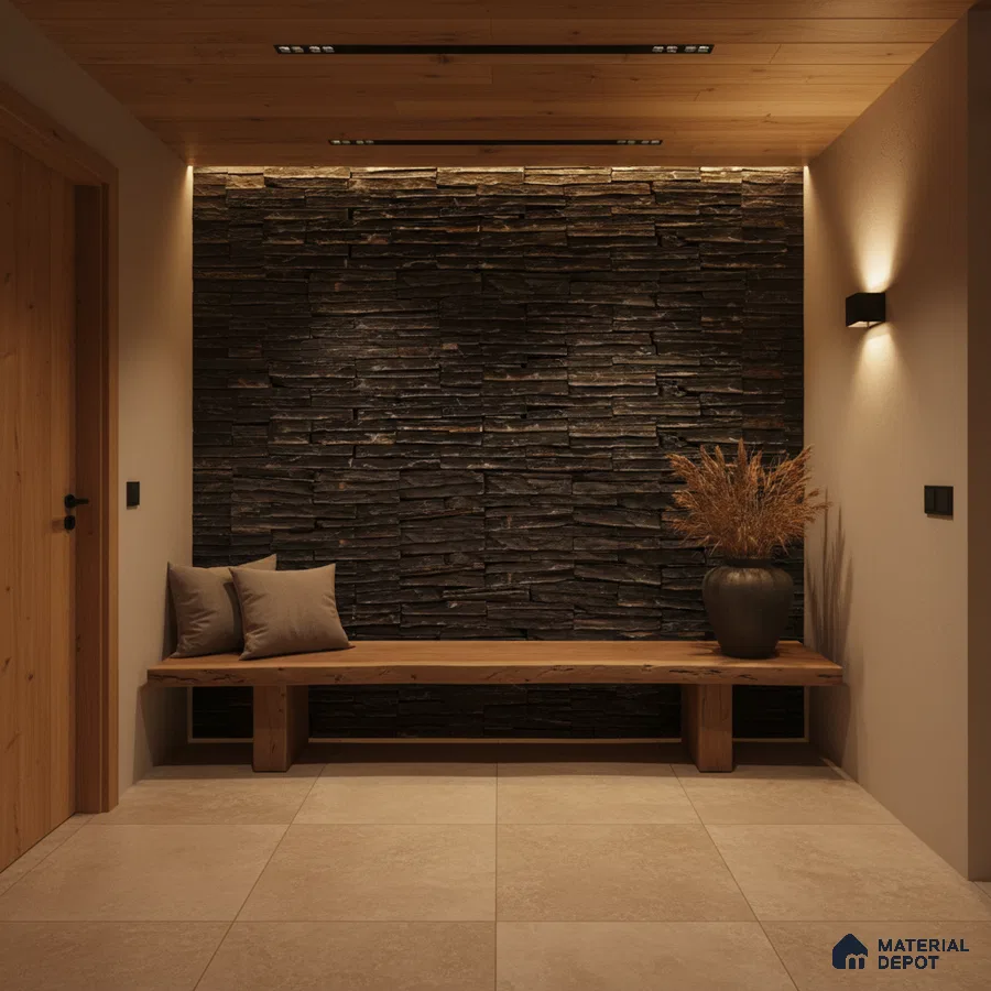 Modern foyer with stacked stone cladding, natural wood bench, and beige floor tiles in Bengaluru