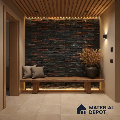 Modern foyer with stacked stone cladding, wooden bench, and beige floor tiles in Bengaluru