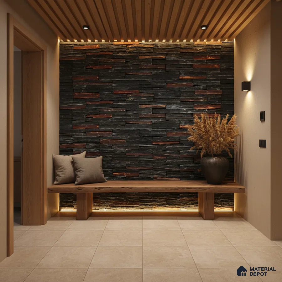 Modern foyer with stacked stone cladding, wooden bench, and beige floor tiles in Bengaluru