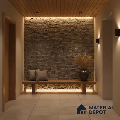 Modern foyer with stacked stone cladding, wooden ceiling, and beige floor tiles in Bengaluru