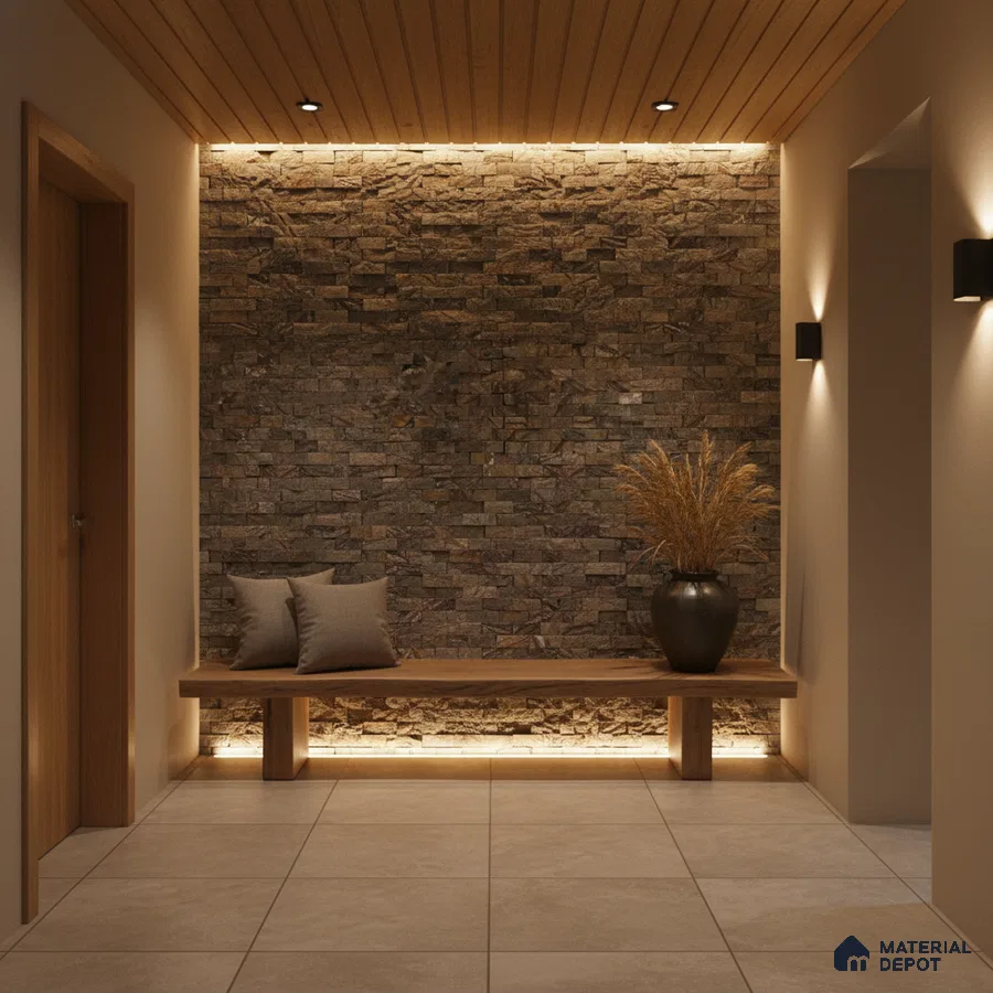 Modern foyer with stacked stone cladding, wooden ceiling, and beige floor tiles in Bengaluru