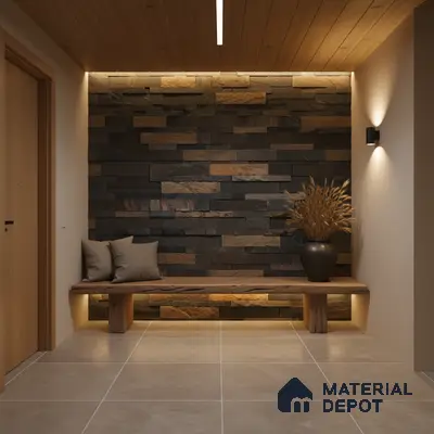 Modern foyer with stacked stone cladding, wooden ceiling, and beige floor tiles in Bengaluru