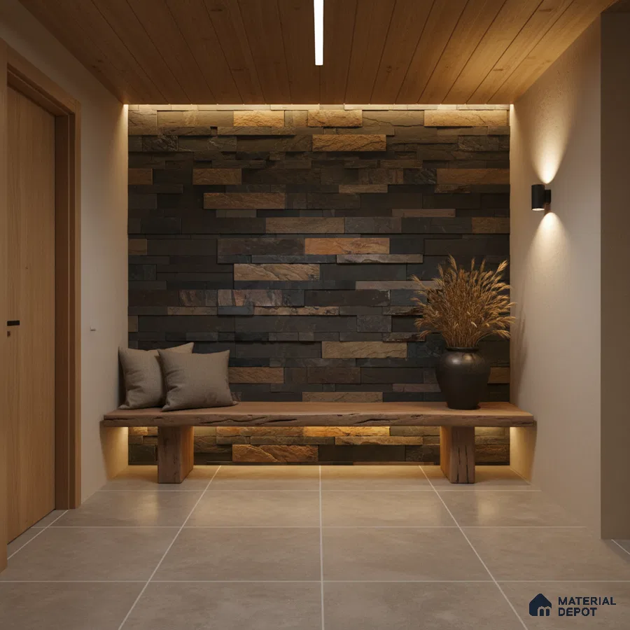 Modern foyer with stacked stone cladding, wooden ceiling, and beige floor tiles in Bengaluru