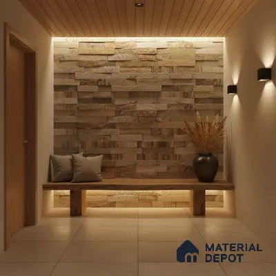 Modern foyer with stacked stone cladding, wooden ceiling, and beige floor tiles in Bengaluru