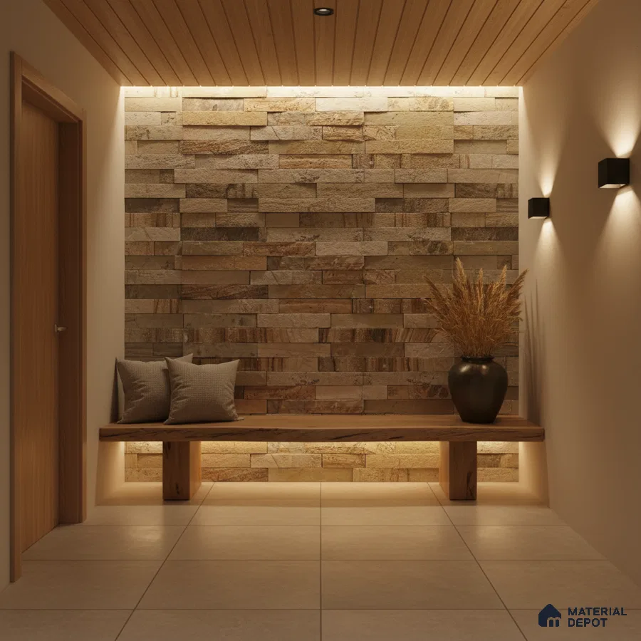 Modern foyer with stacked stone cladding, wooden ceiling, and beige floor tiles in Bengaluru