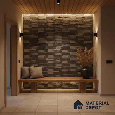 Modern foyer with stacked stone cladding, wooden ceiling panels, and beige floor tiles in Bengaluru