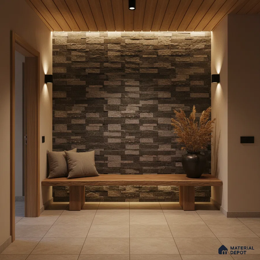 Modern foyer with stacked stone cladding, wooden ceiling panels, and beige floor tiles in Bengaluru