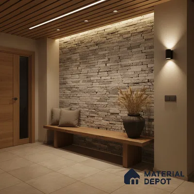 Modern foyer with stone cladding accent wall, wooden bench, and beige floor tiles in Bengaluru