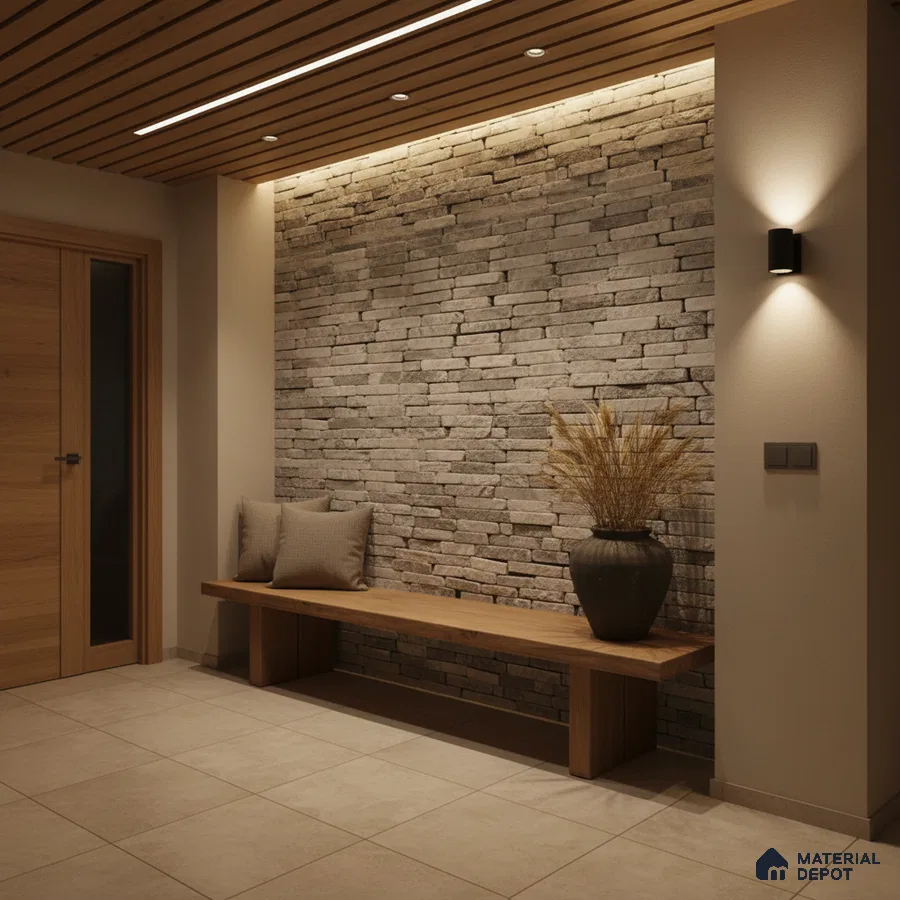 Modern foyer with stone cladding accent wall, wooden bench, and beige floor tiles in Bengaluru