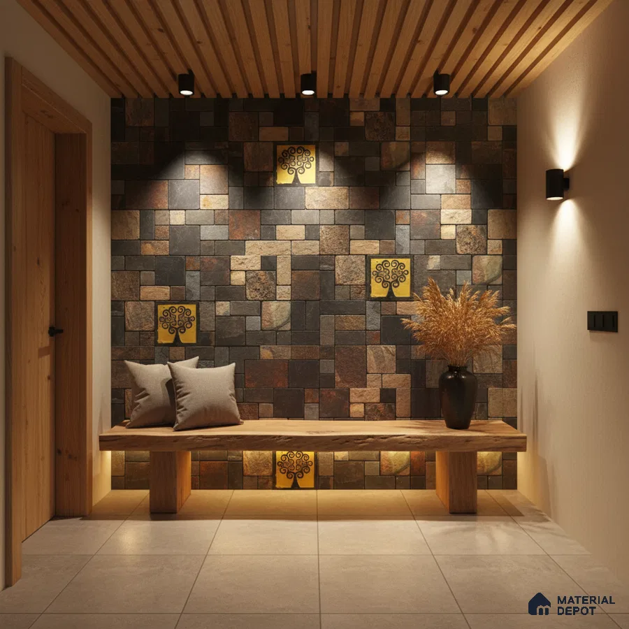 Modern foyer with stone cladding accent wall, wooden bench, and slatted wood ceiling in Bengaluru