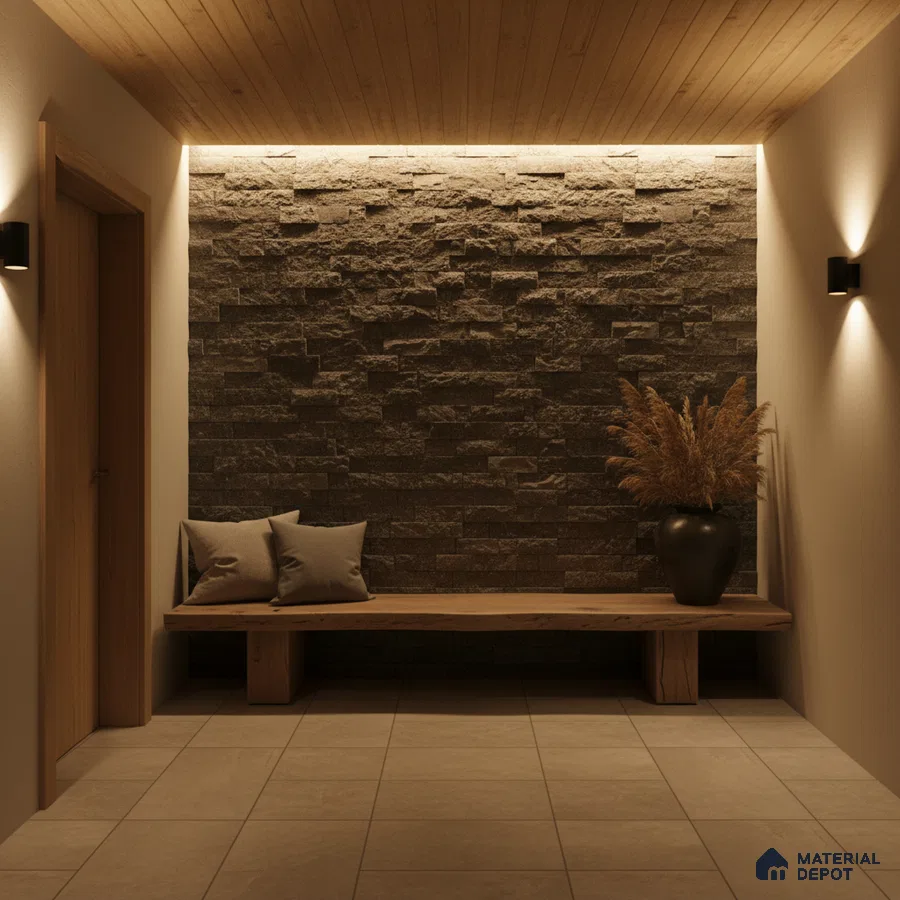 Modern foyer with stone cladding accent wall, wooden ceiling, and beige floor tiles in Bengaluru