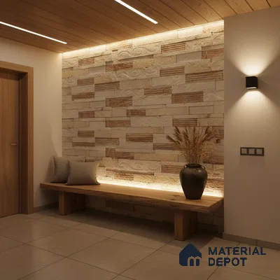 Modern foyer with stone cladding accent wall, wooden ceiling, and beige floor tiles in Bengaluru
