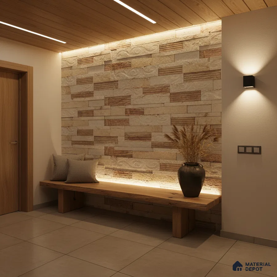Modern foyer with stone cladding accent wall, wooden ceiling, and beige floor tiles in Bengaluru