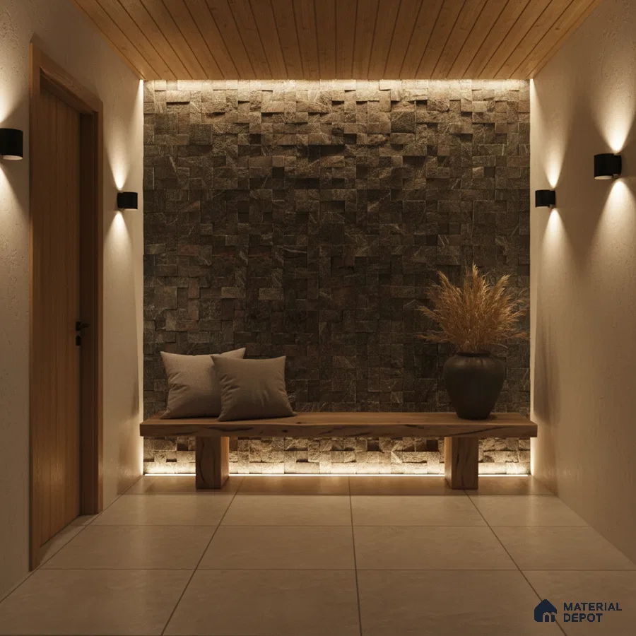 Modern foyer with stone cladding accent wall, wooden ceiling, and large beige floor tiles in Bengaluru