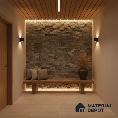 Modern foyer with stone cladding accent wall, wooden ceiling louvers, and beige floor tiles in Bengaluru